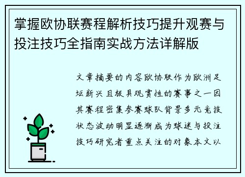掌握欧协联赛程解析技巧提升观赛与投注技巧全指南实战方法详解版