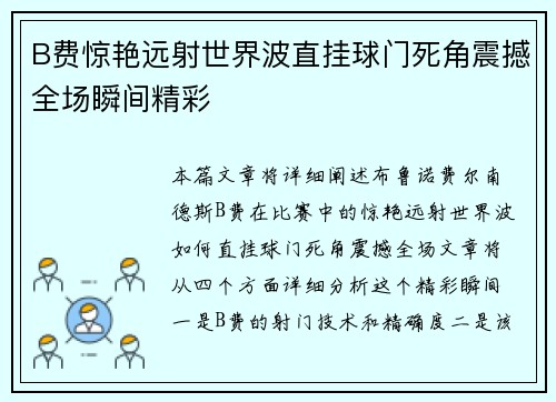 B费惊艳远射世界波直挂球门死角震撼全场瞬间精彩