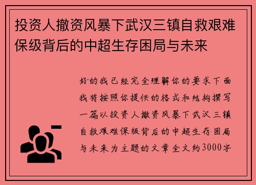 投资人撤资风暴下武汉三镇自救艰难保级背后的中超生存困局与未来